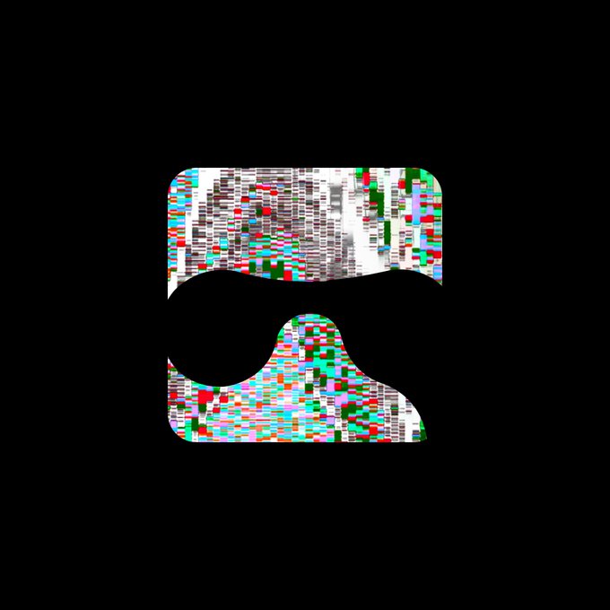 A glitch-art style logo with a black wave/eye shape on a pixelated, multicolored textured background against a black canvas.
