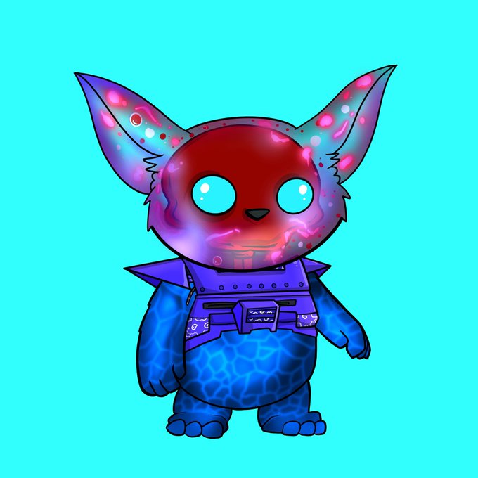 A digital illustration of a colorful chibi-style character with large ears, a red face, and a blue water-textured body, wearing a purple vest against a turquoise background.