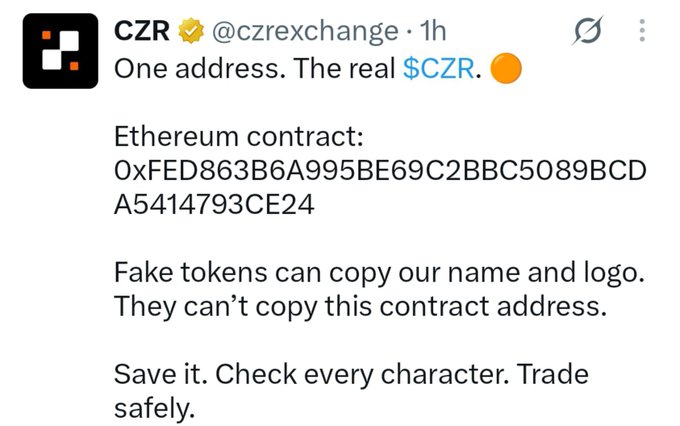 A verified tweet from @czrexchange announces the official Ethereum contract address (0xFED863B6A995BE69C2BBC55089BCD A5414793CE24) for $CZR, warning users about fake tokens and urging them to verify the contract. The image relates to the $CZR TGE and airdrop promotion by providing the legitimate token details to ensure safe trading.