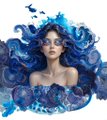 A digital artwork depicting a woman's face blending into swirling, vibrant blue water or liquid forms.