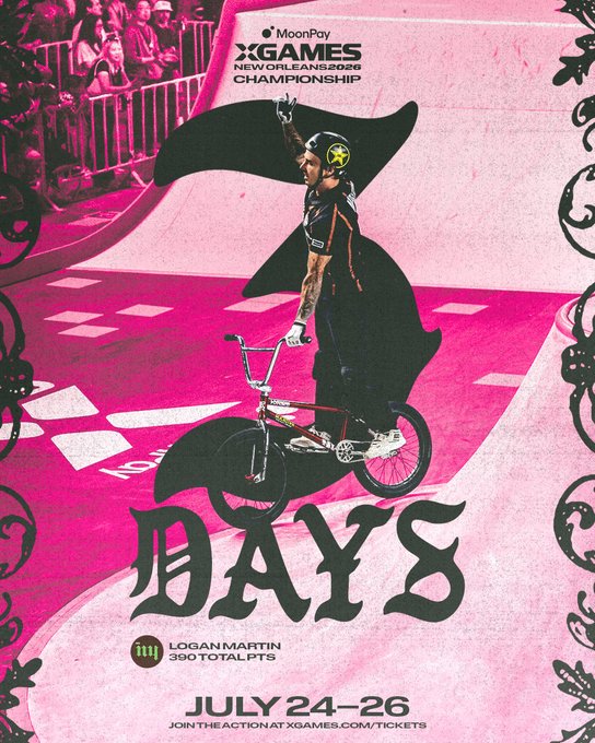 BMX rider Logan Martin stands triumphantly on his bike in a pink-tinted skatepark bowl, featured on a promotional poster for the X Games League Championship at New Orleans' Caesars Dome on July 24-26, with his 390 total points and "DAYS" countdown graphic highlighting the upcoming event.