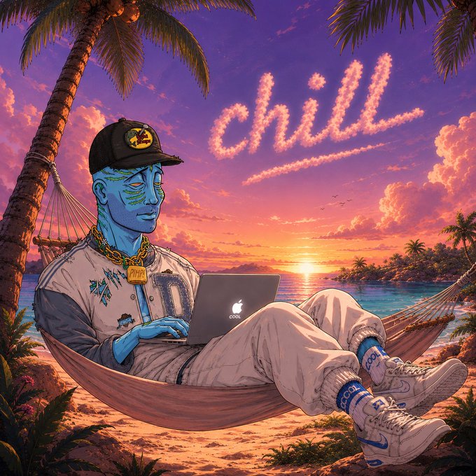 The image features a man sitting in a hammock, using his laptop while wearing a baseball cap with a "Chill" logo. The background of the image shows palm trees and an ocean at sunset, creating a relaxing beach atmosphere. The caption on the image reads "GM! 0.05 SOL to 2 actives Drop sol addy". This suggests that the man is enjoying some downtime by the beach while working or browsing the internet using his laptop.