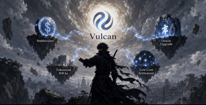 The image features a poster with a man dressed as a knight standing atop a castle, surrounded by floating islands. The background of the poster displays a sky filled with clouds and lightning bolts, creating an atmosphere reminiscent of a stormy night or a medieval battle scene. The title "Vulcan" is prominently displayed at the top of the poster in white letters.

The poster also includes text that provides information about the update to the blockchain called "Vulcan". It explains that this update focuses on the development and integration of stablecoins tokenized RWAs (Regulatory Tokens) into the existing blockchain infrastructure, which can potentially lead to lower costs for settlements and improved security features. The post mentions that the update stands out due to its potential impact on financial activity at scale.