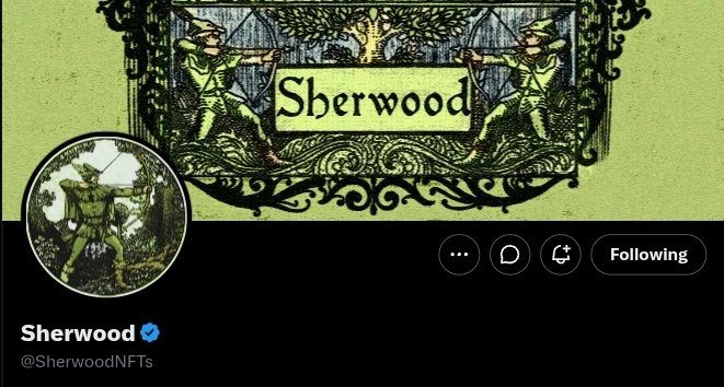 The image shows the Twitter profile for @SherwoodNFTs, featuring a Robin Hood-themed banner and avatar. The accompanying post announces collaborations for a free mint of 5555 NFTs on the Robinhood Chain, seeking guaranteed spots.