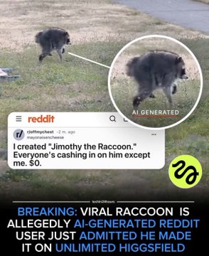 A Reddit post by "jeffdeepstate" reads "I created 'Jimothy the Raccoon.' Everyone's cashing in on him except me. $0," with a side image showing a raccoon labeled "AI GENERATED," while the bottom headline announces "BREAKING: VIRAL RACCOON IS ALLEGEDLY AI-GENERATED REDDIT USER JUST ADMITTED HE MADE IT ON UNLIMITED HIGGSFIELD," tying into the post's $MELANIA comparison by mocking another perceived crypto-related scam or rug pull.