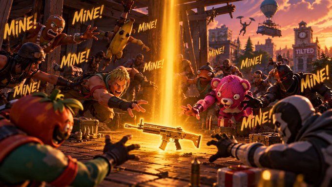 A Fortnite-themed image showing various characters and a pink teddy bear eagerly reaching for a golden gun, with the word 'MINE!' repeated throughout.