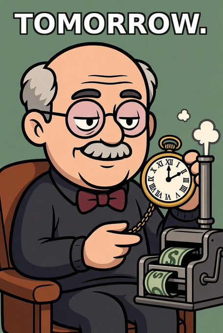 A cartoon illustration shows an elderly man in a bow tie holding a pocket watch displaying nearly midnight, seated next to a steam-powered money printer rolling out cash. The bold "TOMORROW." header reinforces the post's countdown urgency for the $KEYNE token launch on July 16 at ~11 AM GT, with the timepiece symbolizing the final hours before the 4% team / 96% community token goes live.