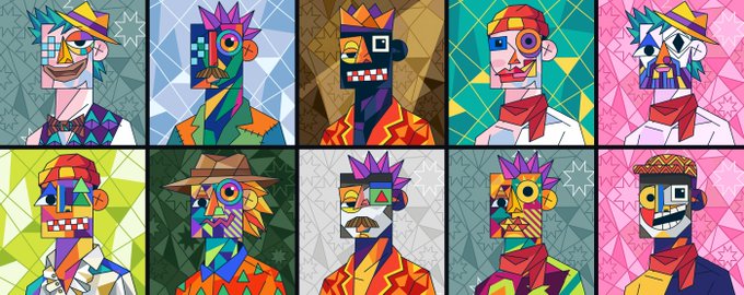 A grid of ten colorful, cubist-style portraits of characters with stylized features like hats and beards, likely NFT artwork. The post praises the clean, high-quality art style of @pikkazonft's NFT reveal, suggesting the post showcases their collection.