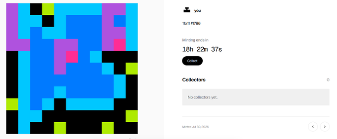 A screenshot of an NFT minting page showing a colorful pixelated artwork, with 'Minting ends in 18h 22m 37s', a 'Collect' button, and '0' collectors listed.