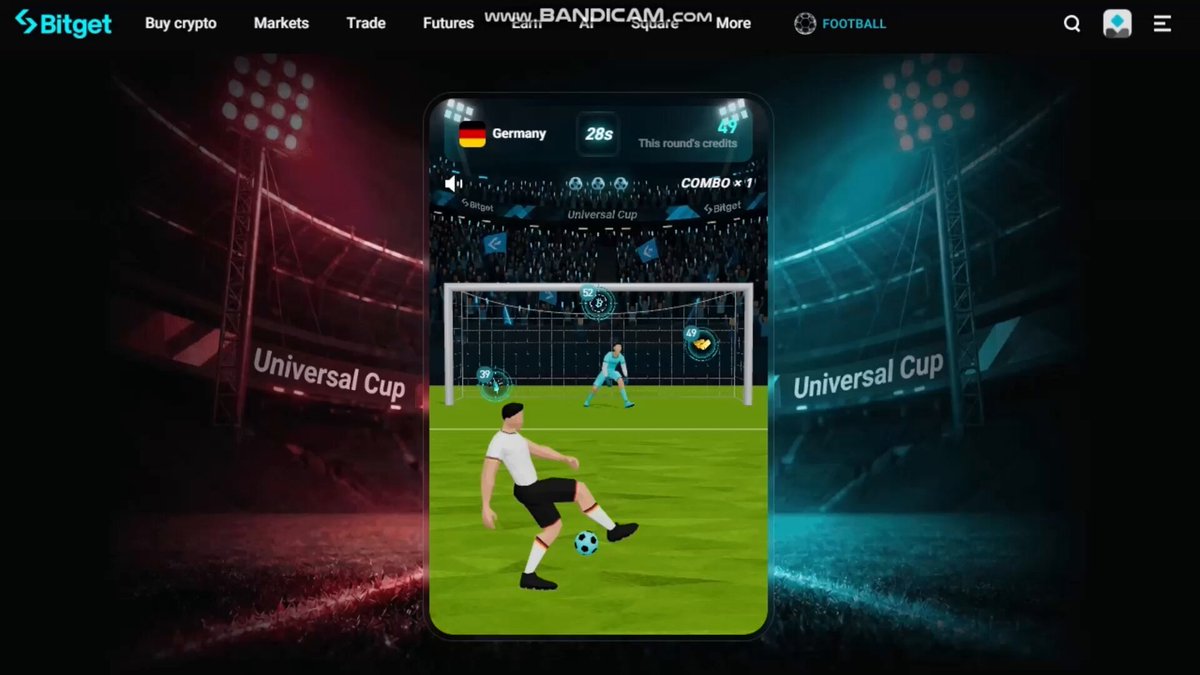 The image shows a soccer game displayed on a smartphone screen with a man kicking a ball, while another player is waiting for the ball near the goalpost. The background of the image features a stadium setting with a scoreboard displaying the names of two teams playing against each other in a Universal Cup match. The post also mentions that there are 250,000 US dollars available as a prize pool for the game.