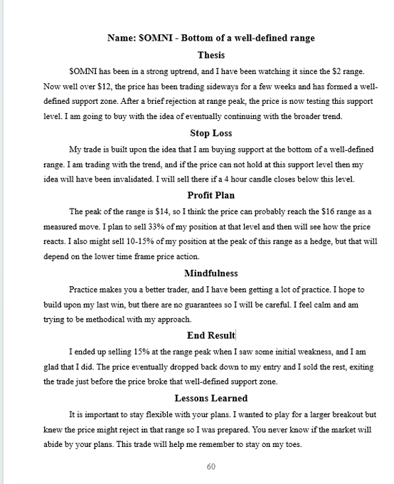 A sample trading journal entry for $OMNI documenting a buy setup at the bottom of a well-defined range ($12-$14), with a profit target of $16 and detailed sections on Thesis, Stop Loss, Profit Plan, Mindfulness, End Result, and Lessons Learned.
