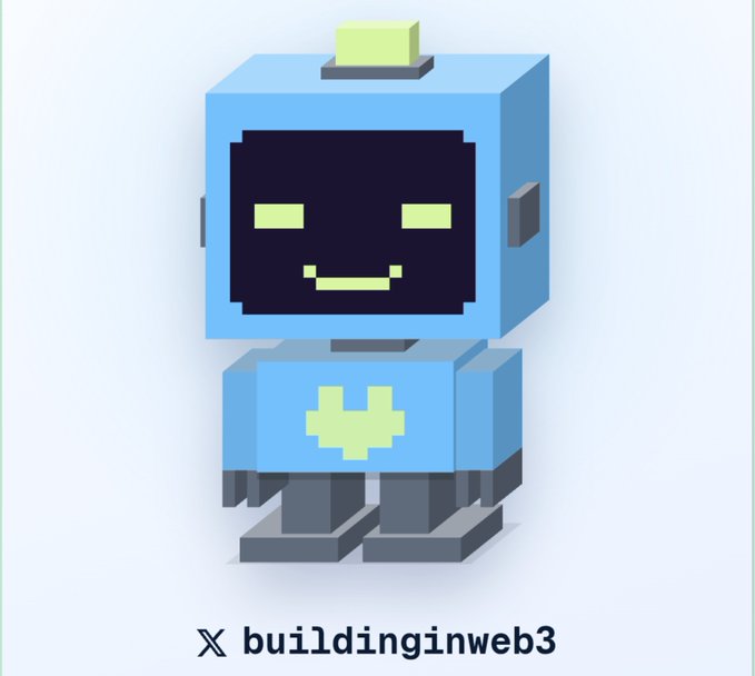 A pixel-art blue robot mascot with a black face screen and light-green details appears above the handle “buildinginweb3.”