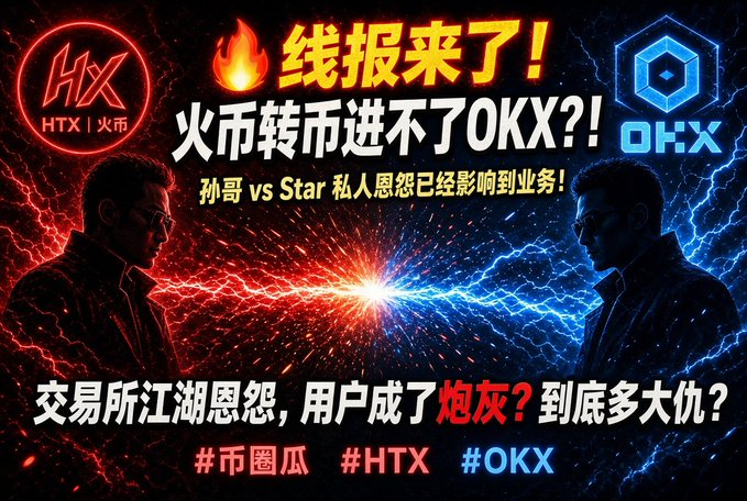 A dramatic graphic in Chinese titled '线报来了！火币转币进不了OKX?!' featuring the HTX (火币) and OKX logos facing off with lightning effects, tagged '孙哥 vs Star' and '#币圈瓜'.