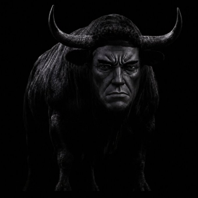 A menacing dark bull with a human-like face and large curved horns stares forward against a black background, embodying the "Chud Bull" meme that merges the Chudjak character with the iconic Black Bull figure used in $ANSEM token promotions.