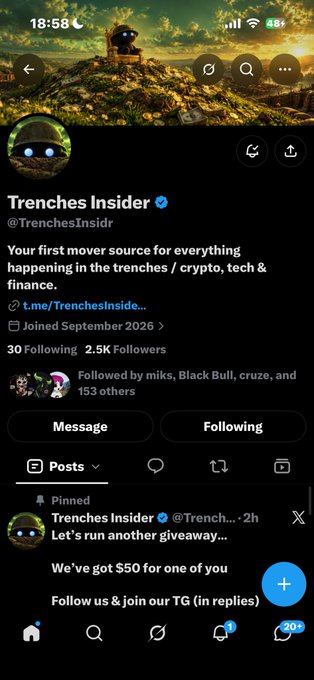 A Twitter/X profile page for 'Trenches Insider' (@TrenchesInsidr), a crypto and finance account with 2.5K followers, pinned post offering $50 giveaway.