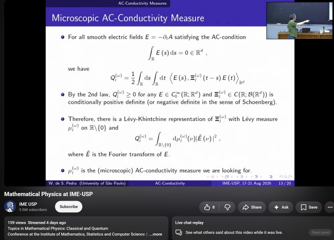 A YouTube video screenshot from 'Mathematical Physics at IME-USP' showing a slide titled 'Microscopic AC-Conductivity Measure' by W. de S. Pedra at IME-USP, featuring mathematical equations.