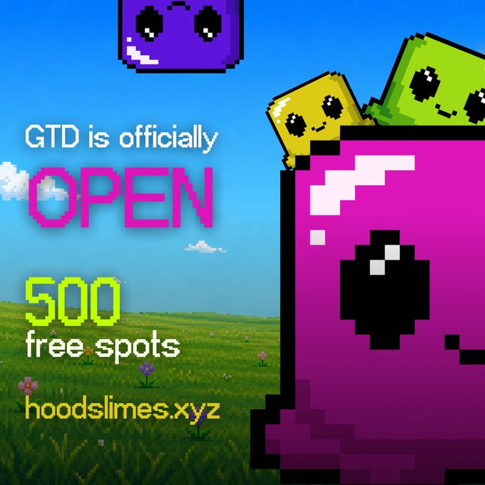 A pixel art advertisement reading 'GTD is officially OPEN' with '500 free spots' and the URL 'hoodslimes.xyz', featuring colorful blocky character faces against a blue sky and grassy field background.