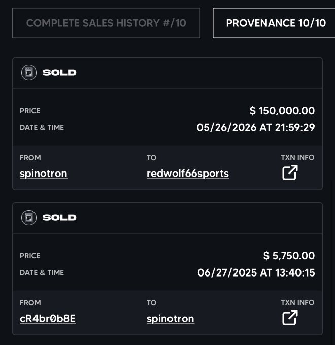 Sales history screen showing a sold transaction for $150,000.00 from "spinotron" to "redwolf66sports" on 05/26/2026, with provenance rated 10/10.