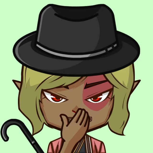 A stylized illustration of a green-haired, red-eyed elf-like anime character wearing a black fedora, covering their mouth with one hand while holding a cane.