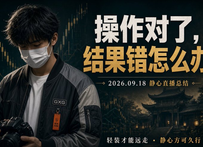 A promotional graphic shows a young man wearing a mask and a 'GXG' jacket holding a camera, with Chinese text reading '操作对了, 结果错怎么办' and '2026.09.18 静心直播总结'.