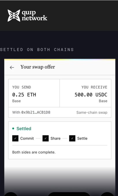 A Quip Network app screen displays a successfully "Settled" swap of 0.25 ETH for 500.00 USDC, both on Base, with all three steps (Commit, Share, Settle) marked complete and the note "Both sides are complete," illustrating the platform's claim of enabling direct cross-chain swaps without bridges, oracles, or wrapped tokens.