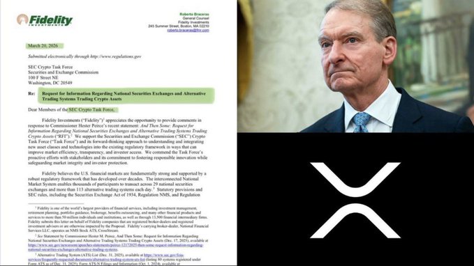 A split image showing a Fidelity Investments comment letter dated March 20, 2026, addressed to the SEC Crypto Task Force regarding "National Securities Exchanges and Alternative Trading Systems Trading Crypto Assets," alongside a photo of a man (appearing to be a Fidelity executive) with a large white "X" overlaid on the image, reinforcing the post's claim about Fidelity pushing for $XRP integration with Wall Street.