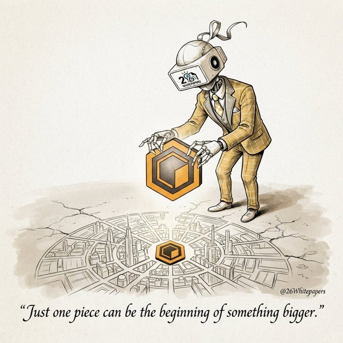 Whimsical illustration of a robot in a yellow plaid suit placing a golden cube onto a cracked map grid, with caption 'Just one piece can be the beginning of something bigger' and watermark '@26Whitepapers'.