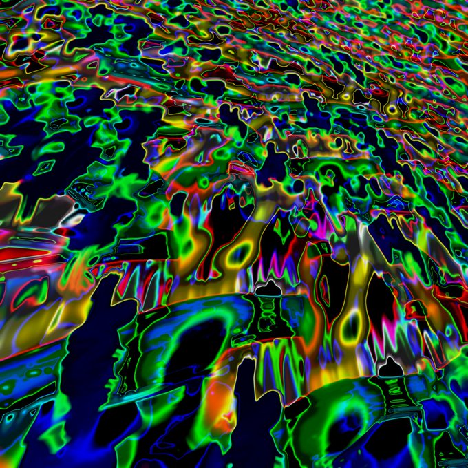 An abstract, brightly colored digital pattern with swirling neon green, blue, red, and yellow shapes resembling a distorted, liquid landscape.