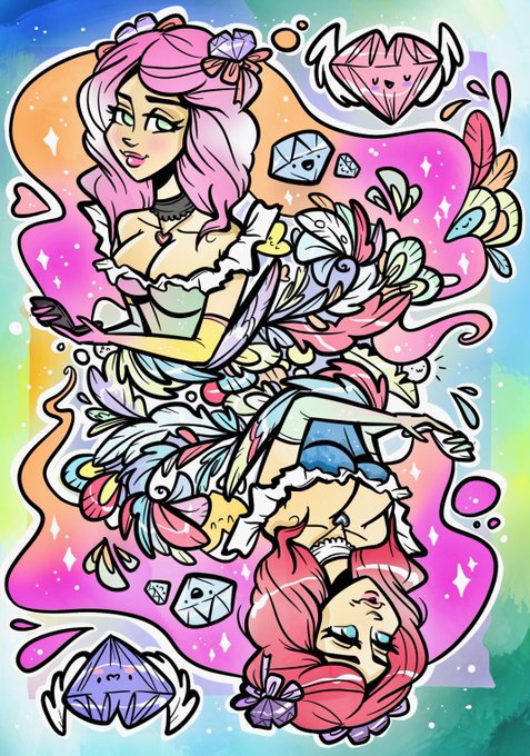A colorful illustration featuring two anime-style female characters surrounded by gems, feathers, and decorative elements.