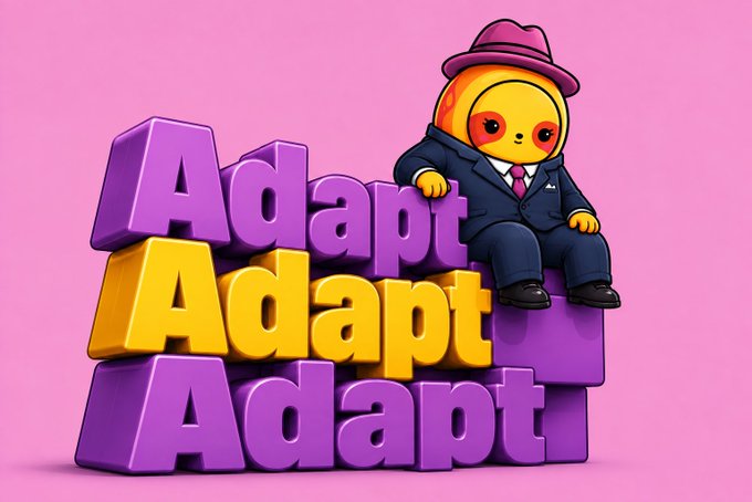 3D illustration of a cute sloth character wearing a suit and fedora sitting on stacked purple and yellow blocks spelling 'Adapt Adapt Adapt' against a pink background.