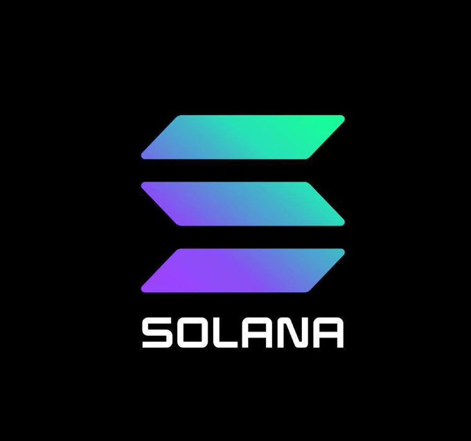 The official logo of 'SOLANA', a cryptocurrency, displayed in white text with a gradient blue, purple, and green symbol above it against a solid black background.