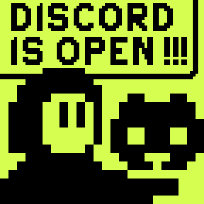 A pixel art announcement image featuring the text "DISCORD IS OPEN!!!" above a stylized character and the Discord logo, signaling the launch of the H00dle Discord server mentioned in the post.