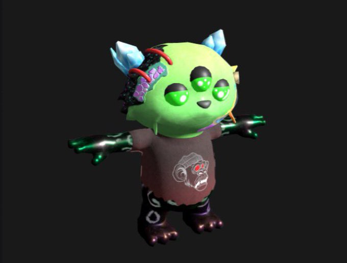 A 3D-rendered character featuring a green three-eyed head with crystal horns, a dark shirt, and green metallic hands, set against a dark background.