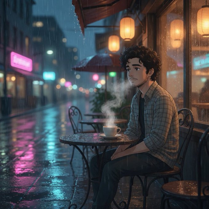 The image shows a man sitting at an outdoor table, drinking coffee while smoking a cigarette. The scene takes place during a rainy night, with the man's location being outside of a restaurant or cafe. There are umbrellas visible nearby, suggesting that this is likely a popular spot for patrons to enjoy their meals and drinks despite the rain. The image also contains text that reads "gRiver fam Most projects solve one problem. @RiverdotInc built an ecosystem. Here'S the difference: satUSD = Real utility (payments, accessibility) $RIVER + @River4fun = Active participation (not just holding)", which implies that the man's experience at this location is enhanced by the presence of a nearby restaurant or cafe offering outdoor seating and amenities for patrons to enjoy their meals and drinks.