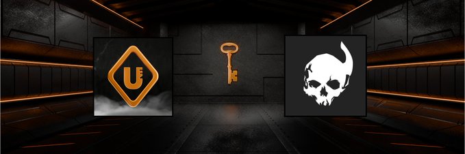 Two NFT project logos are displayed in a futuristic, neon-lit corridor: the orange "U" diamond emblem of UtopiaWeb3AG on the left and the white horned skull logo of BonezNFT on the right, separated by a golden key. The image visually represents the GTD spot acquisition from BonezNFT at UtopiaWeb3AG mentioned in the post.