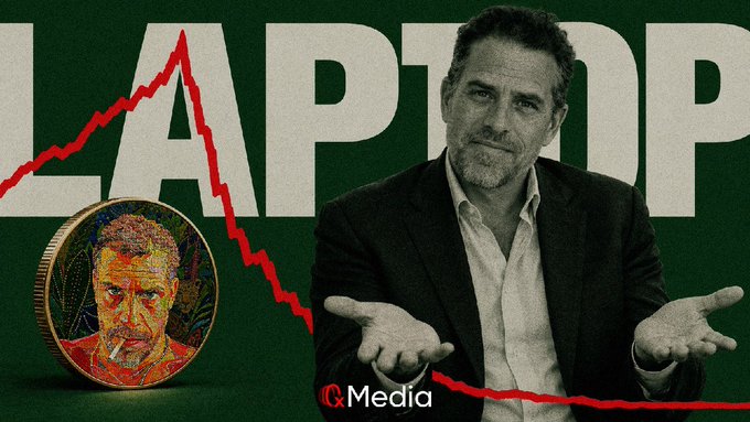A graphic depicting a man's shrugging pose in front of the word 'LAPTOP' with a sharply declining red line graph and a gold-colored coin featuring his face, branded 'IQ Media'.
