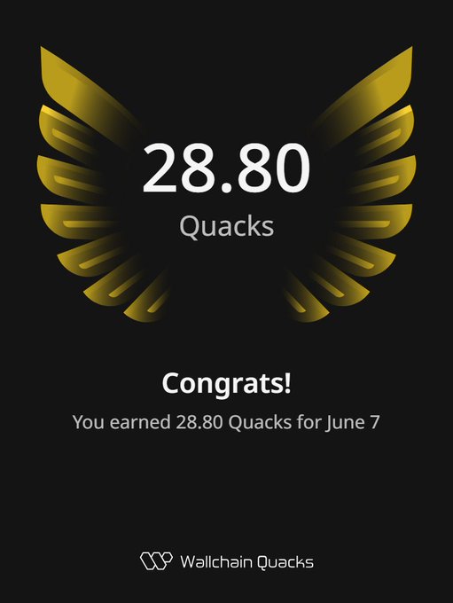 The image features a screenshot of a congratulatory message from Quack Wallchain for earning 28.8 Quacks after June 7. The image includes text and a logo with gold accents, providing context about the email being sent as part of the Quack experience. The focus is on the positive accomplishment or milestone that has been achieved by the individual in question, indicating a sense of relief or satisfaction related to their Quack-related success.