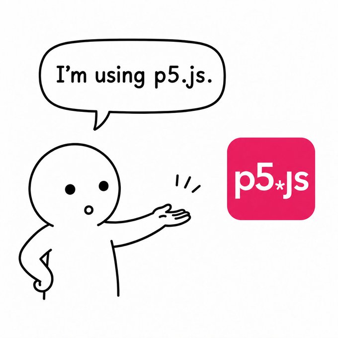 A cartoon illustration of a stick figure saying 'I'm using p5.js.' while gesturing toward the pink p5.js logo.