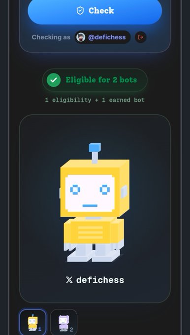 A mobile app screenshot showing a 'Check' button, a status of 'Eligible for 2 bots' for the account '@defichess', featuring a yellow pixel-art robot character.