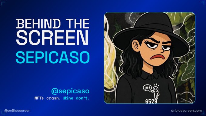 A promotional graphic titled 'BEHIND THE SCREEN' featuring cartoon character SEPICASO (@sepicaso) with the tagline 'NFTs crash. Mine don't.' on a blue background.