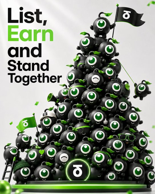The image features a poster with a large stack of black and green balls arranged in a pyramid shape, accompanied by a message that reads "Lists, Earn, Stand Together". The poster also includes a small cartoon character holding a flag, which adds a playful element to the overall design. The text on the poster is written in white, making it stand out against the black background of the image.