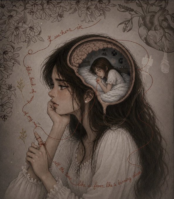 An artistic illustration of a young woman in profile with long dark hair, with a transparent cutaway of her head showing a smaller figure sleeping on a bed inside her brain, surrounded by floral patterns and handwritten text including 'I see here, in the pages of my mind' and 'like a fever, like a burning desire'.