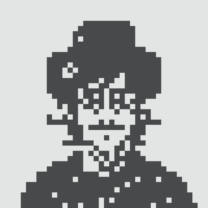 A pixel art illustration of a person with glasses, depicted in black and white silhouette style.