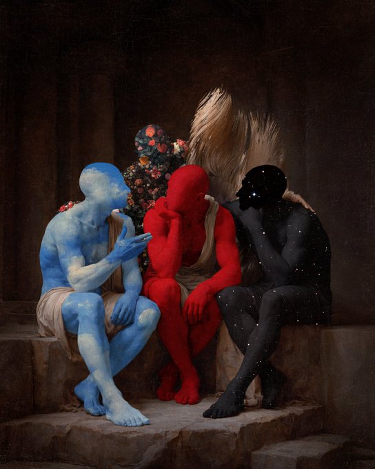 A classical-style painting depicts three seated figures with skin painted blue, red, and black with white speckles, posed on stone steps against a dark background.