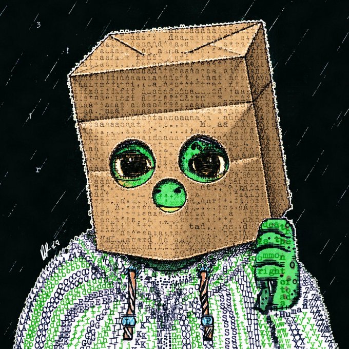 An artistic illustration depicts a figure wearing a brown paper bag as a mask with cartoonish green eyes, created from text with the signature 'Clint 2/25' visible on the left.