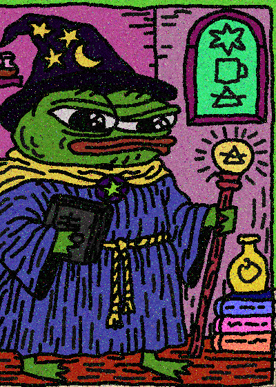 A vibrant illustration of a Pepe the Frog character dressed as a wizard, wearing a star-and-moon patterned hat and blue robe while holding a grimoire and a glowing staff.