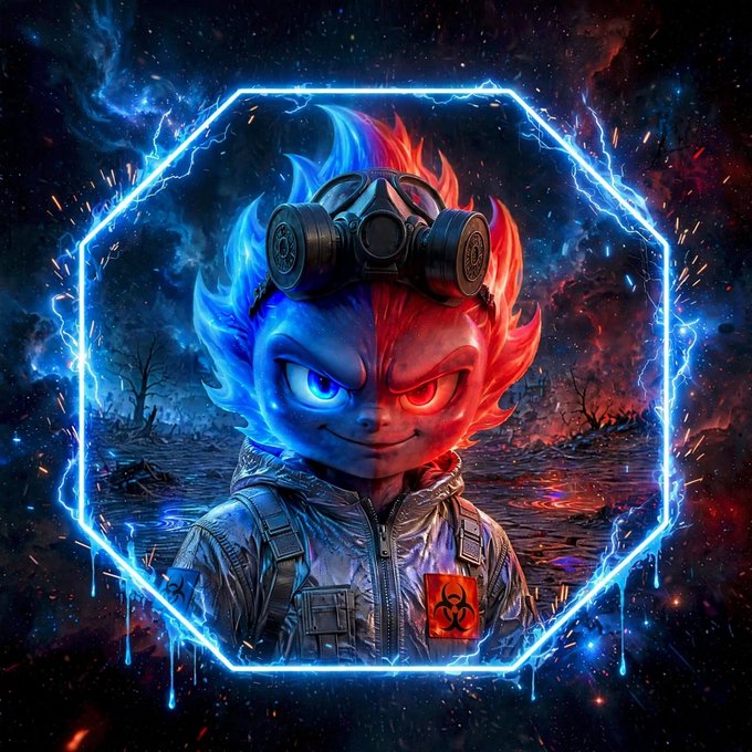 A stylized digital artwork of a character with blue and red flames for hair, wearing goggles and a biohazard patch, framed within a glowing blue hexagon.