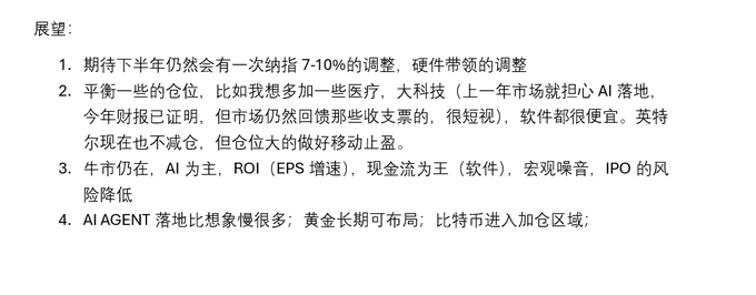 The image displays a Chinese-language investment outlook list (展望) with four numbered points discussing market expectations for the second half of the year, including a predicted 7-10% pullback, balanced portfolio positioning across sectors like healthcare, tech, and software, a bullish AI-focused stock market with ROI/EPS growth as the primary driver, and notes on AI Agent rollout, gold long-term allocation, and Bitcoin's entry into a "warehouse zone." Visible tickers and references include AI, Intel (英特尔), TLT, and Bitcoin, with specific numbers like 7-10% and metrics like 9.2% (gold), 38% (Bitcoin), 9.4% (big tech), 15% (software), and -17% (semiconductors), complementing the post's data on Treasury yields rising 53-57 basis points and oil prices up 44%.