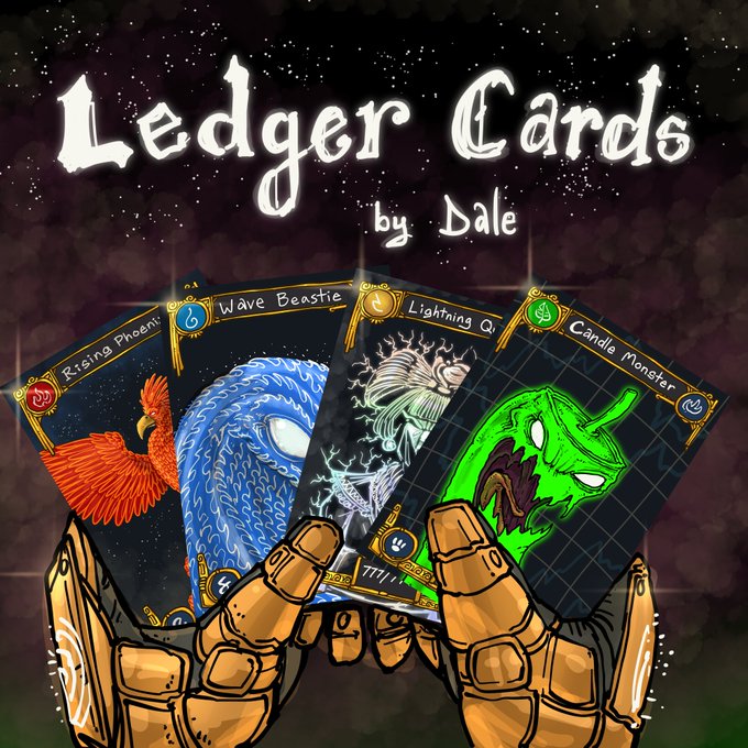 A stylized illustration of a wooden robotic hand holding three trading cards labeled 'Rising Phoenix', 'Wave Beastie', 'Lightning Q', and 'Candle Monster' under the title 'Ledger Cards by Dale'.