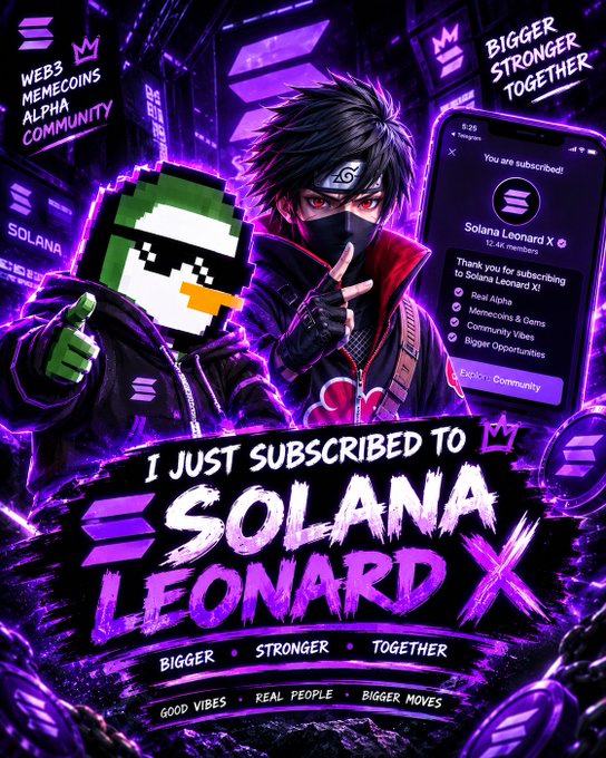 An anime-style promotional graphic for Solana Leonard X memeco community, featuring a ninja character and pixel duck with subscription details.